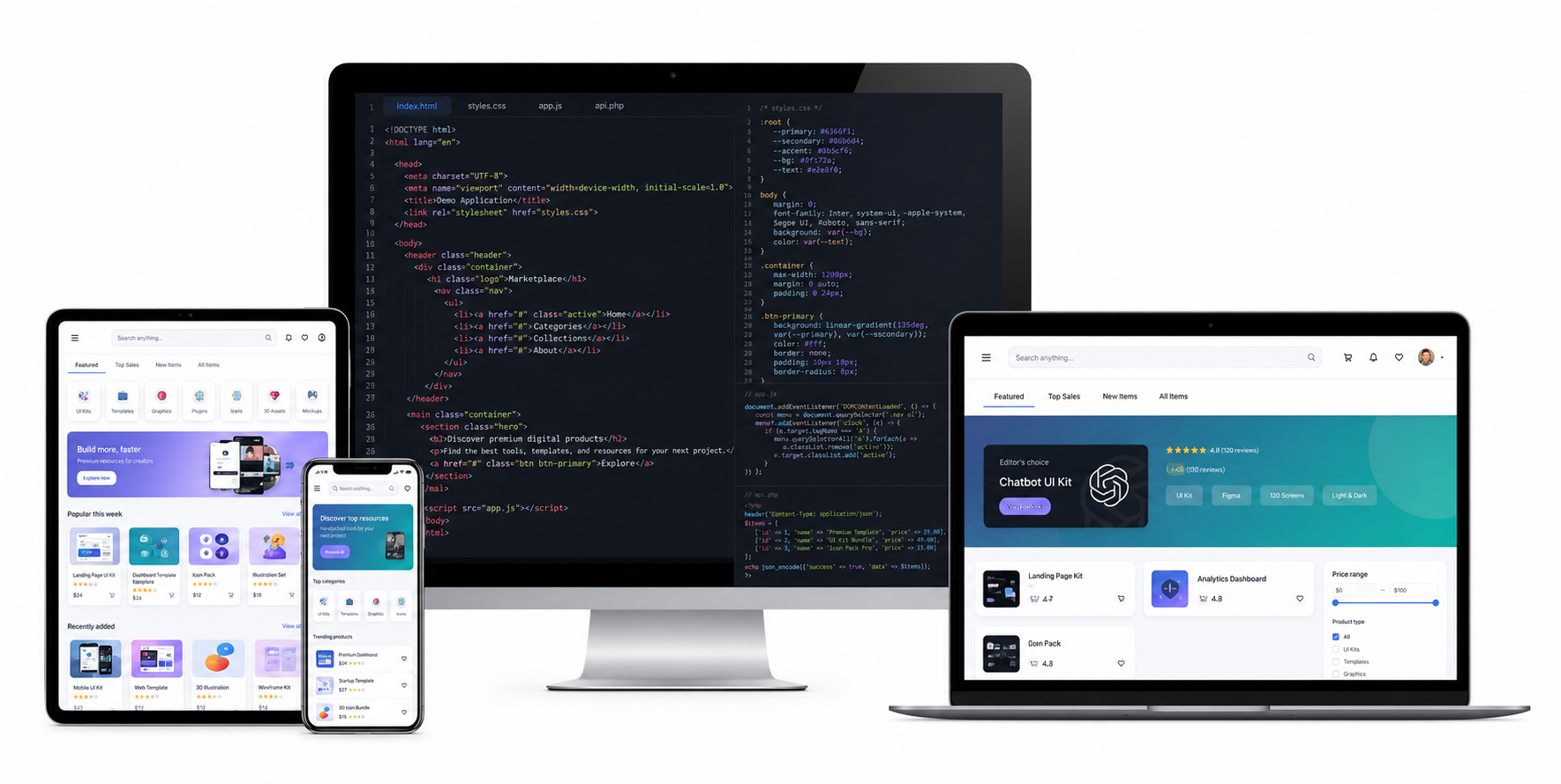 Bộ thiết bị hiển thị code và giao diện website marketplace